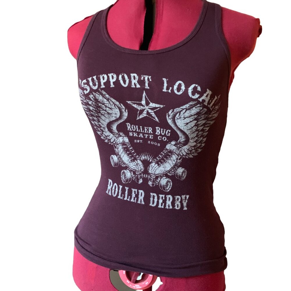 VINTAGE - Burgundy fitted tank top - Roller derby Support Local  - small